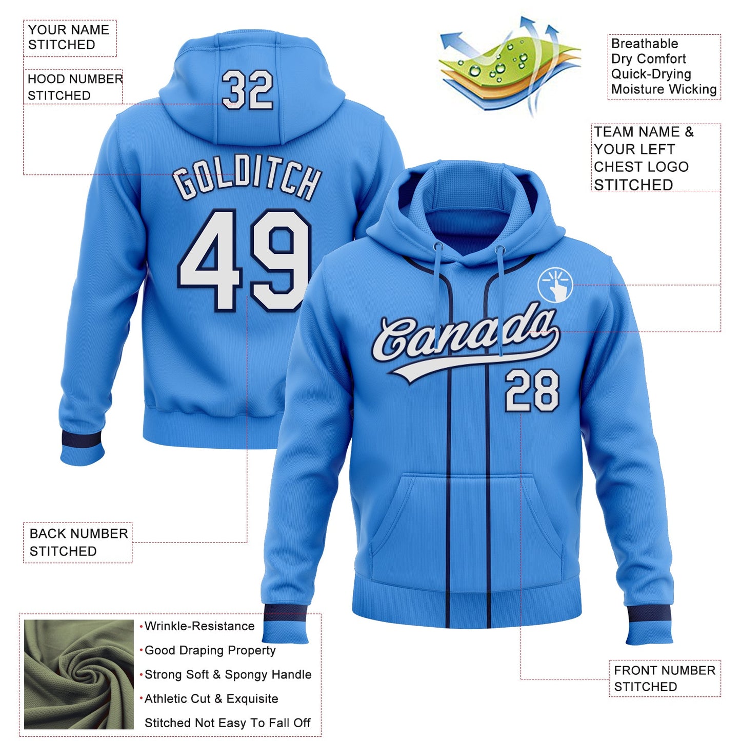 Custom Stitched Powder Blue White-Navy Baseball Pullover Sweatshirt Hoodie view 2
