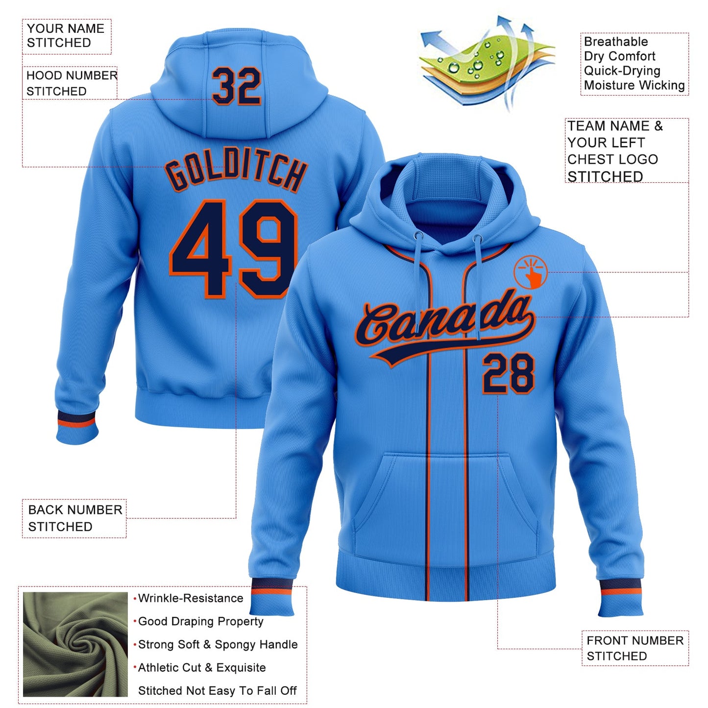 Custom Stitched Powder Blue Navy-Orange Baseball Pullover Sweatshirt Hoodie view 2
