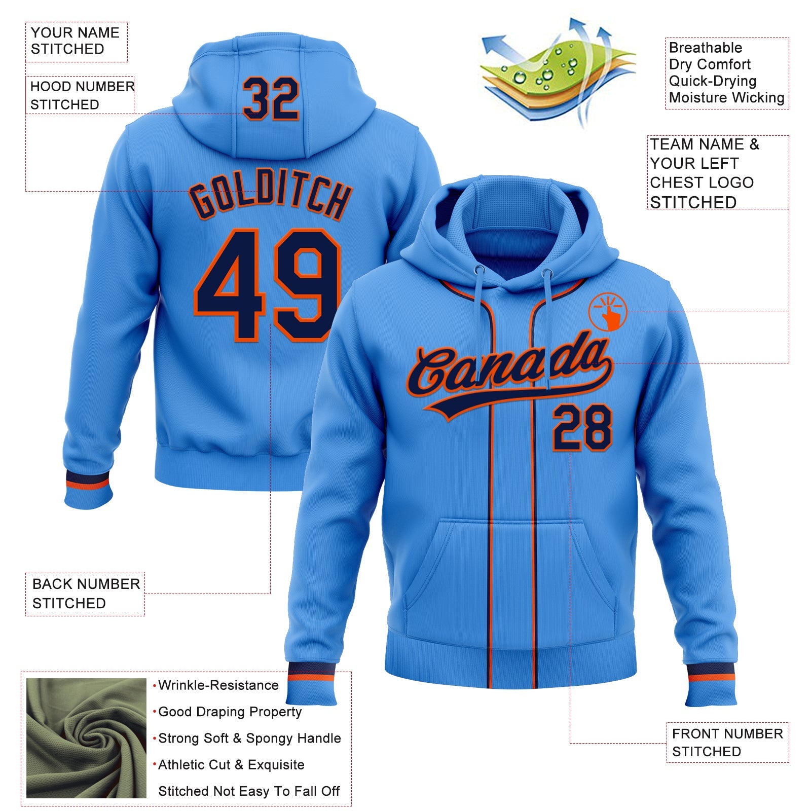 Custom Stitched Powder Blue Navy-Orange Baseball Pullover Sweatshirt Hoodie view 2
