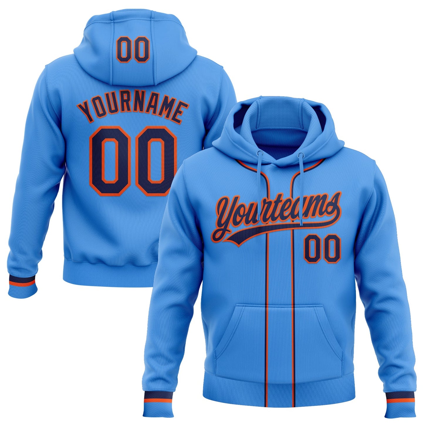Custom Stitched Powder Blue Navy-Orange Baseball Pullover Sweatshirt Hoodie - Main View