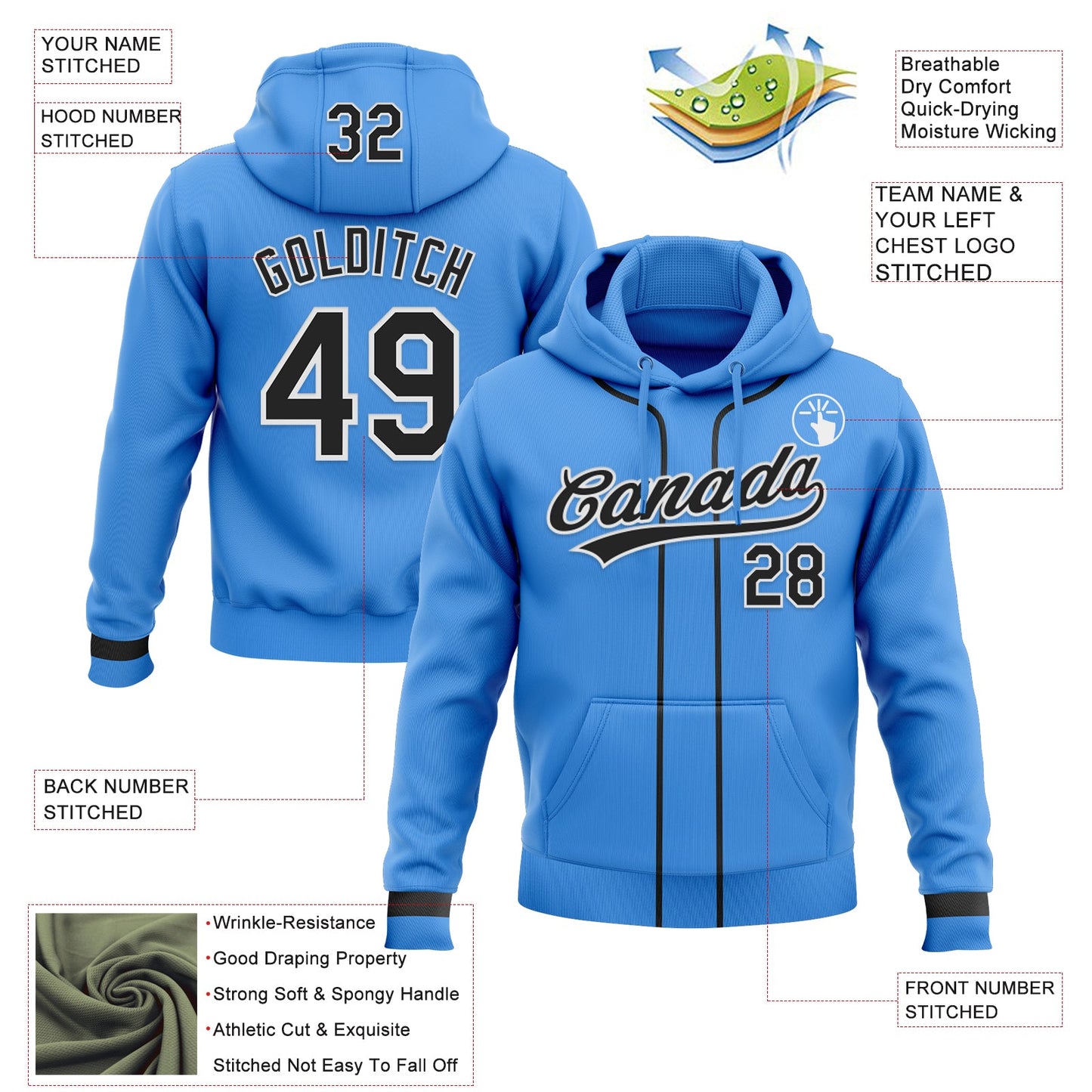 Custom Stitched Powder Blue Black-White Baseball Pullover Sweatshirt Hoodie view 2