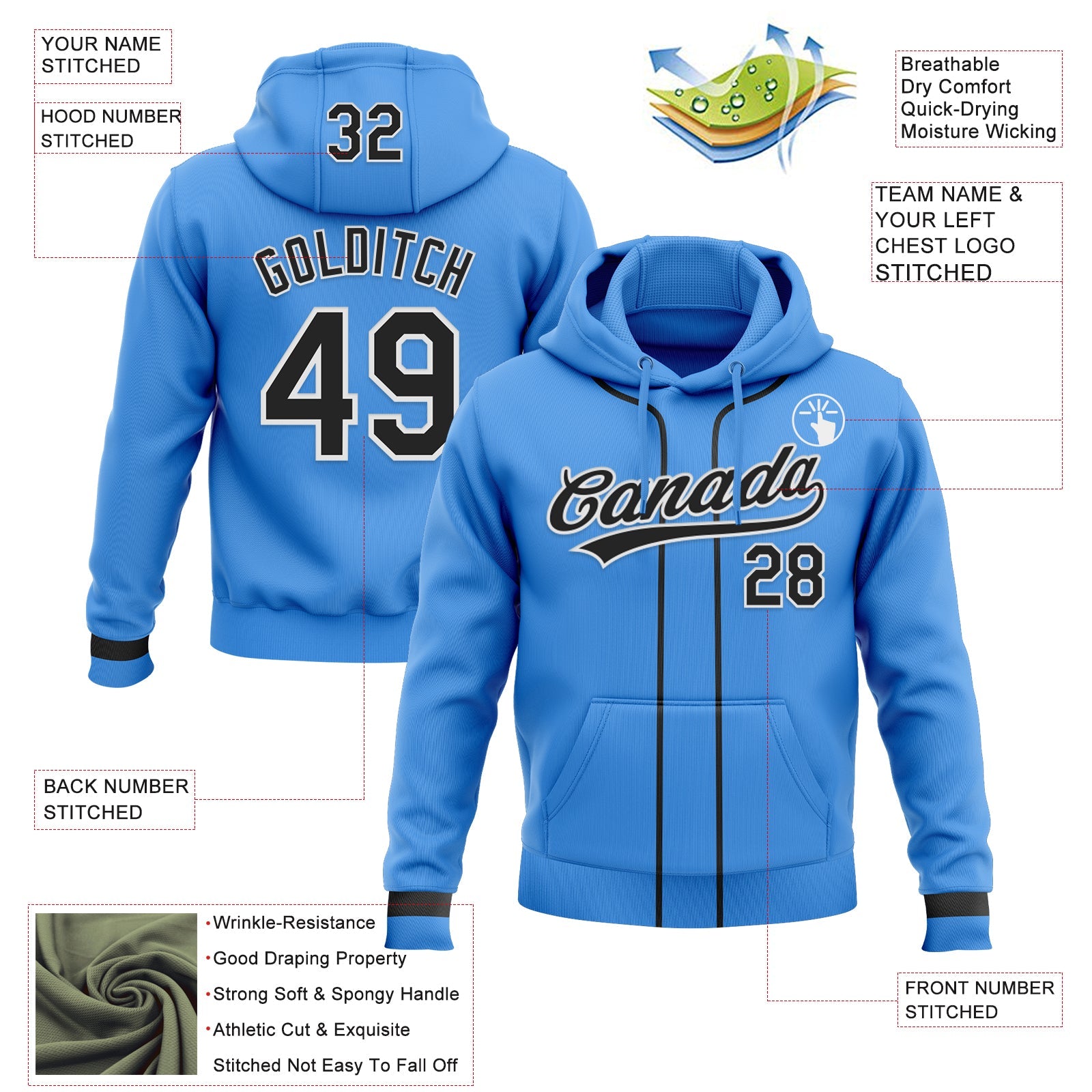 Custom Stitched Powder Blue Black-White Baseball Pullover Sweatshirt Hoodie view 2