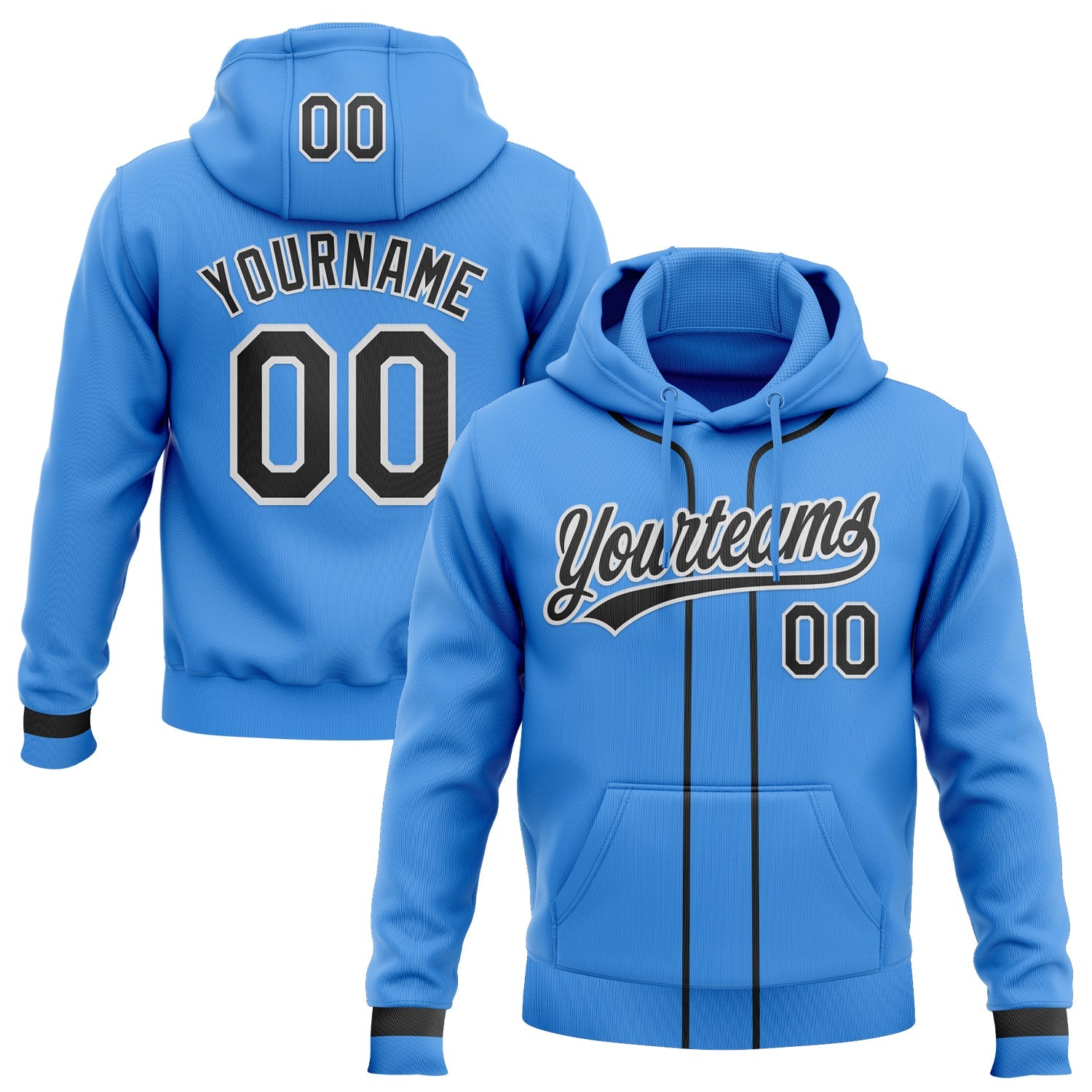 Custom Stitched Powder Blue Black-White Baseball Pullover Sweatshirt Hoodie - Main View