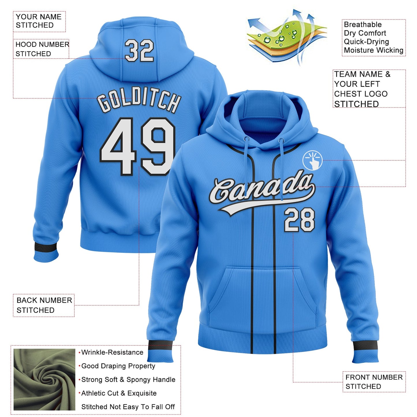 Custom Stitched Powder Blue White-Black Baseball Pullover Sweatshirt Hoodie view 2