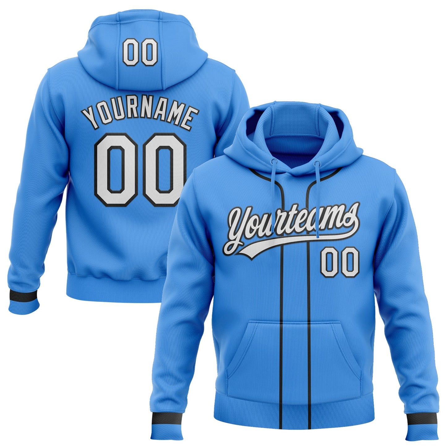 Custom Stitched Powder Blue White-Black Baseball Pullover Sweatshirt Hoodie - Main View