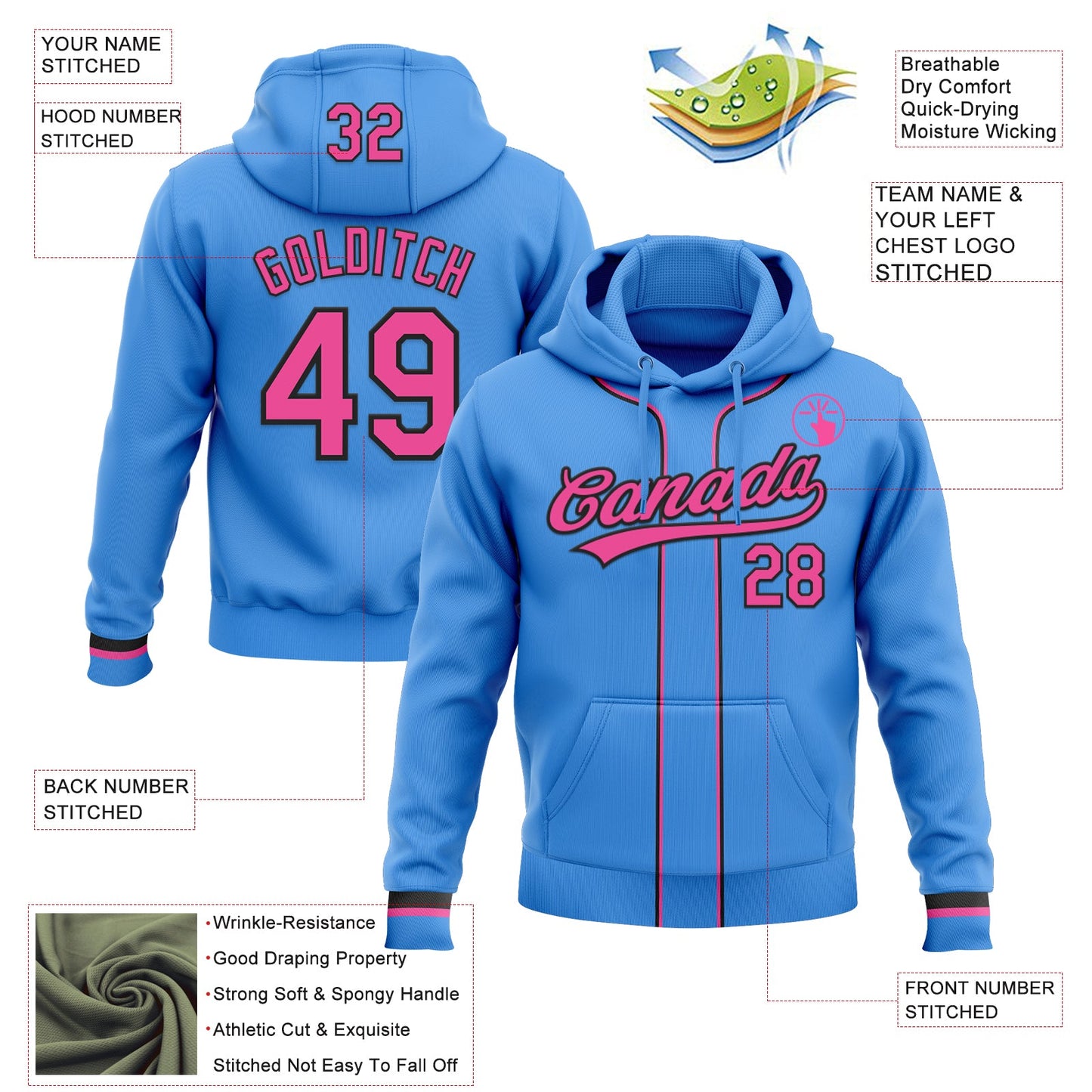 Custom Stitched Powder Blue Pink-Black Baseball Pullover Sweatshirt Hoodie view 2