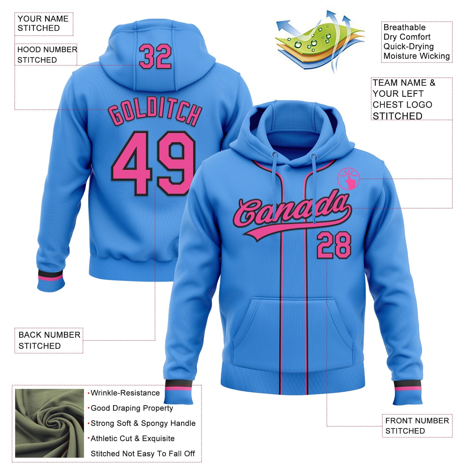 Custom Stitched Powder Blue Pink-Black Baseball Pullover Sweatshirt Hoodie view 2