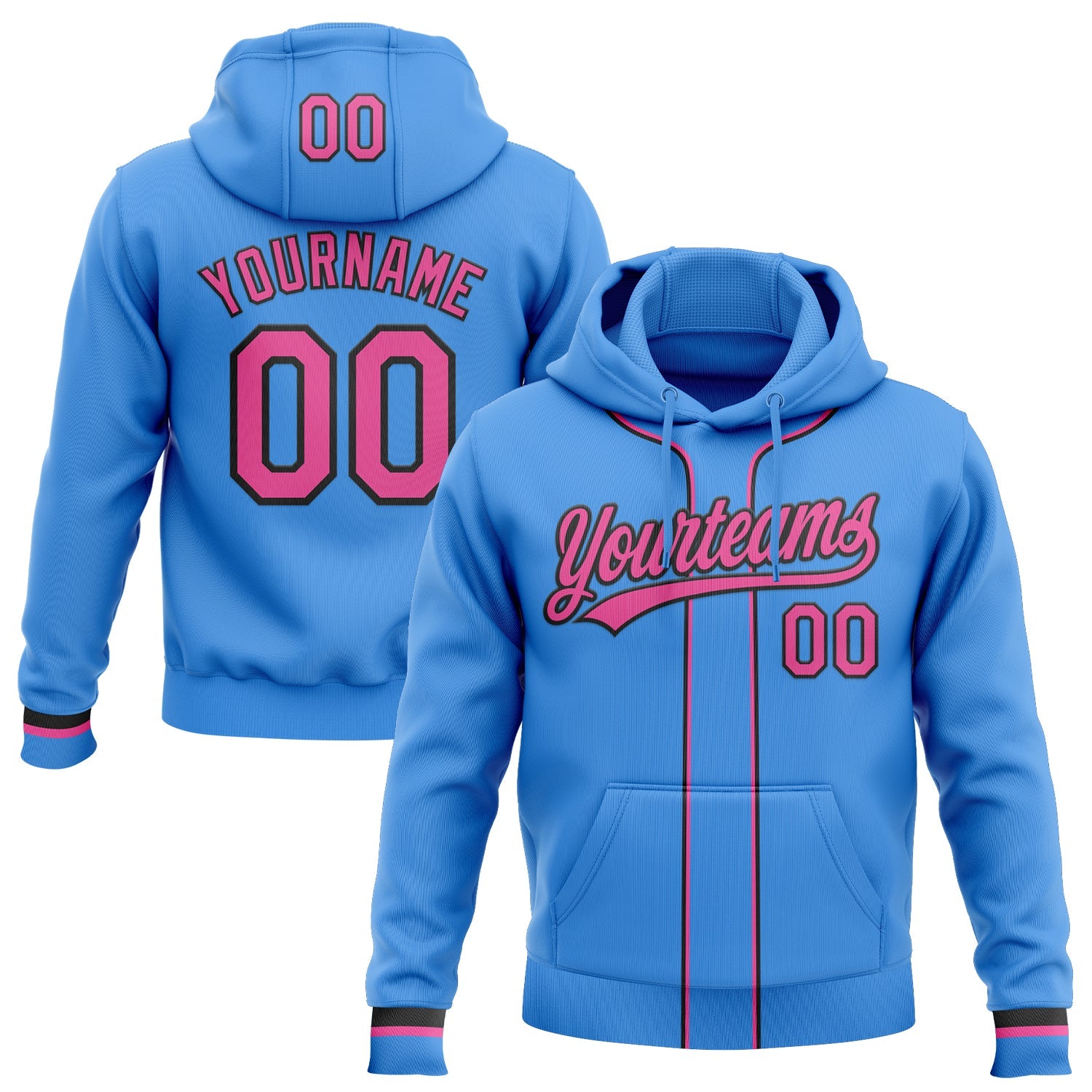 Custom Stitched Powder Blue Pink-Black Baseball Pullover Sweatshirt Hoodie - Main View