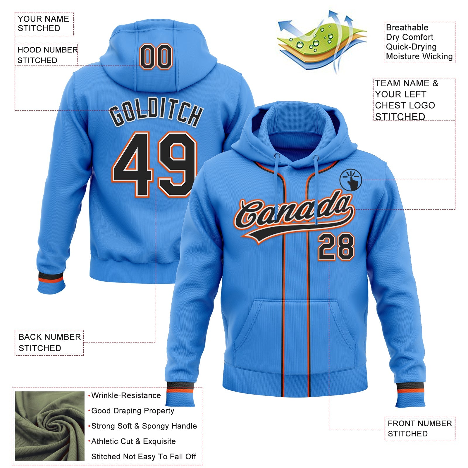 Custom Stitched Powder Blue Black Orange-White Baseball Pullover Sweatshirt Hoodie view 2