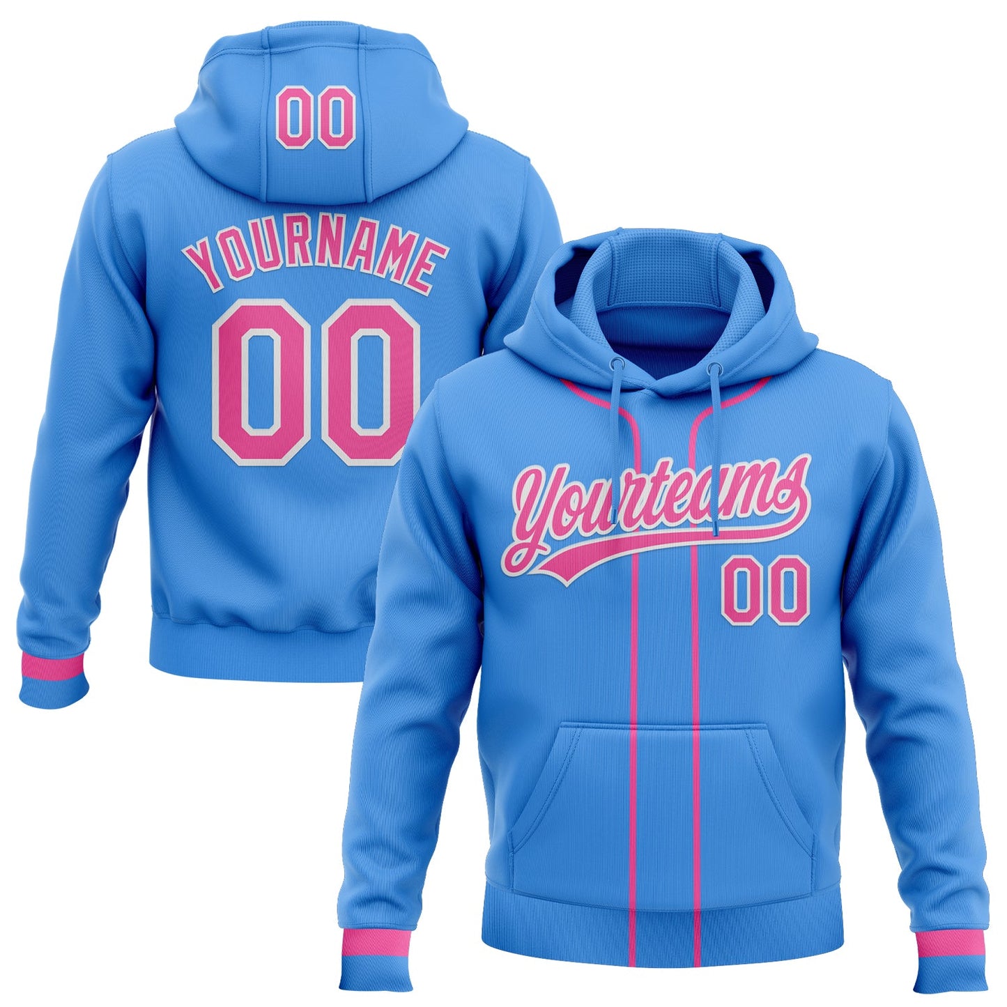 Custom Stitched Powder Blue Pink-White Baseball Pullover Sweatshirt Hoodie - Main View