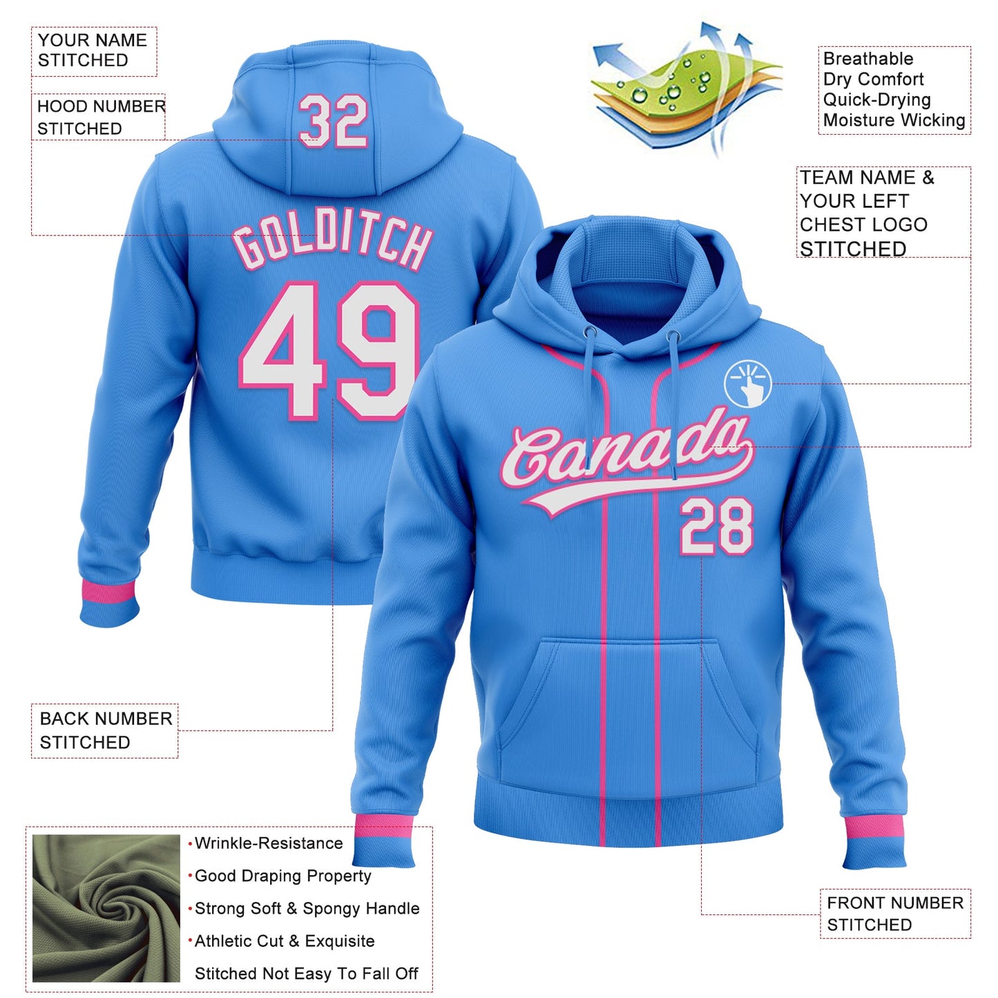 Custom Stitched Powder Blue White-Pink Baseball Pullover Sweatshirt Hoodie view 2