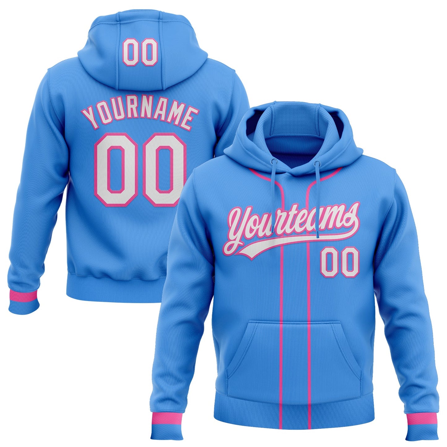 Custom Stitched Powder Blue White-Pink Baseball Pullover Sweatshirt Hoodie - Main View