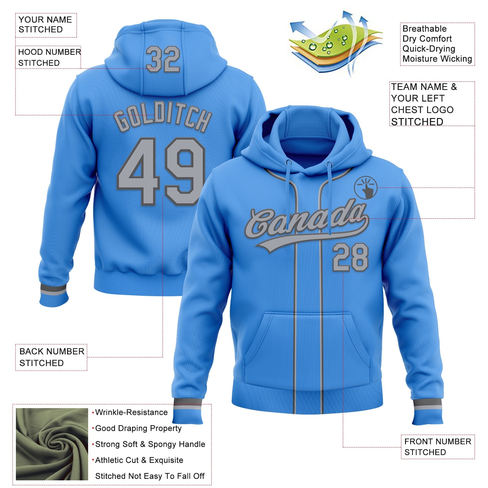 Custom Stitched Powder Blue Gray-Steel Gray Baseball Pullover Sweatshirt Hoodie view 2