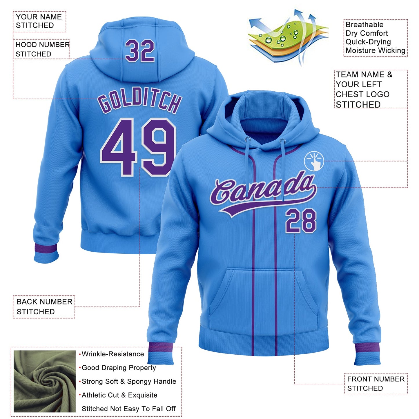 Custom Stitched Powder Blue Purple-White Baseball Pullover Sweatshirt Hoodie view 2