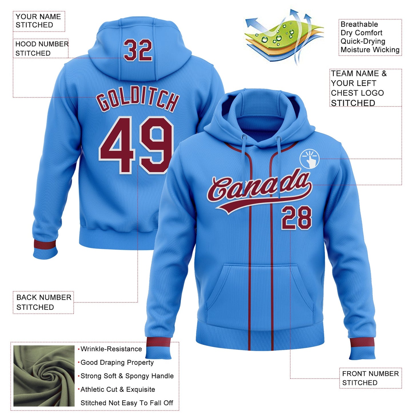 Custom Stitched Powder Blue Crimson-White Baseball Pullover Sweatshirt Hoodie view 2