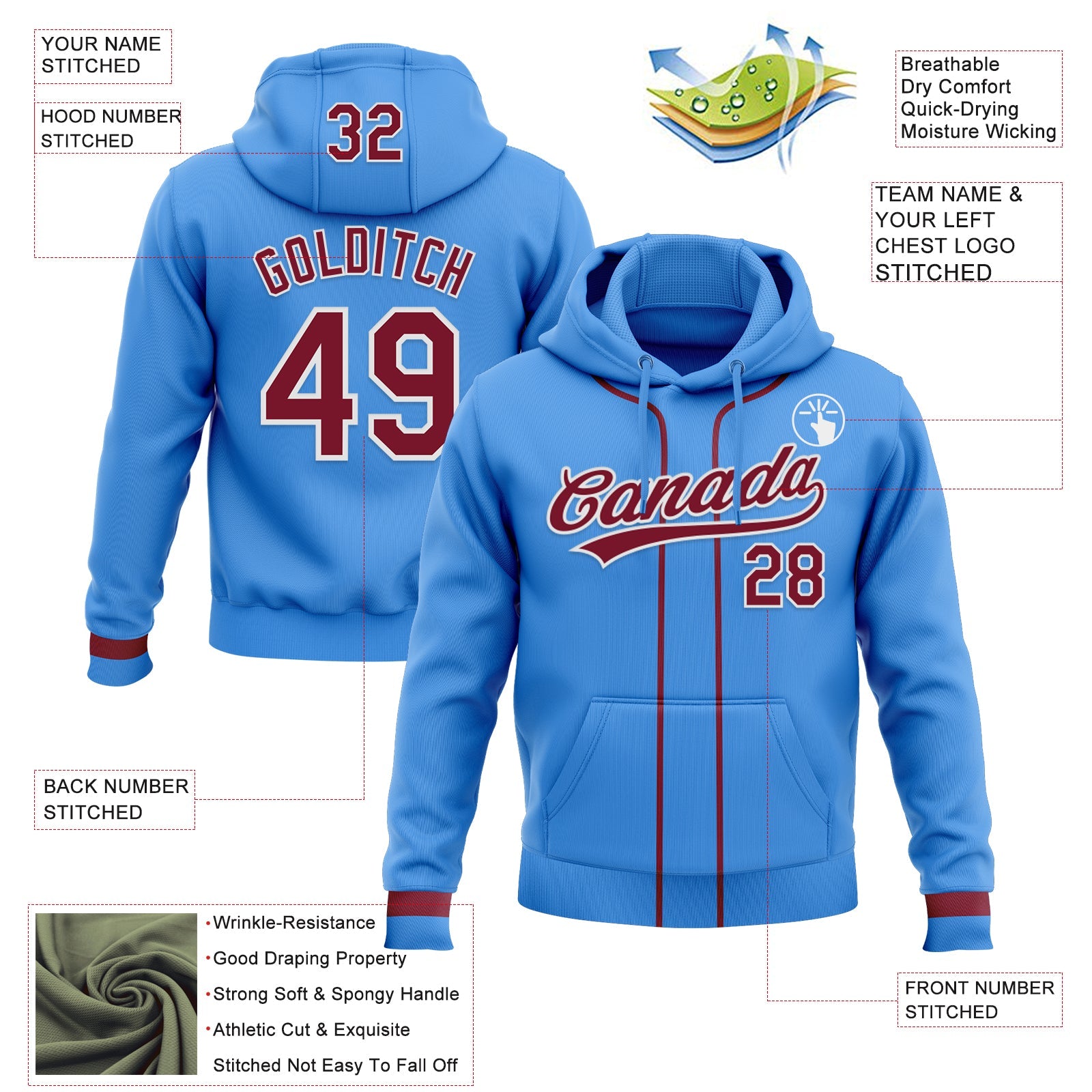 Custom Stitched Powder Blue Crimson-White Baseball Pullover Sweatshirt Hoodie view 2