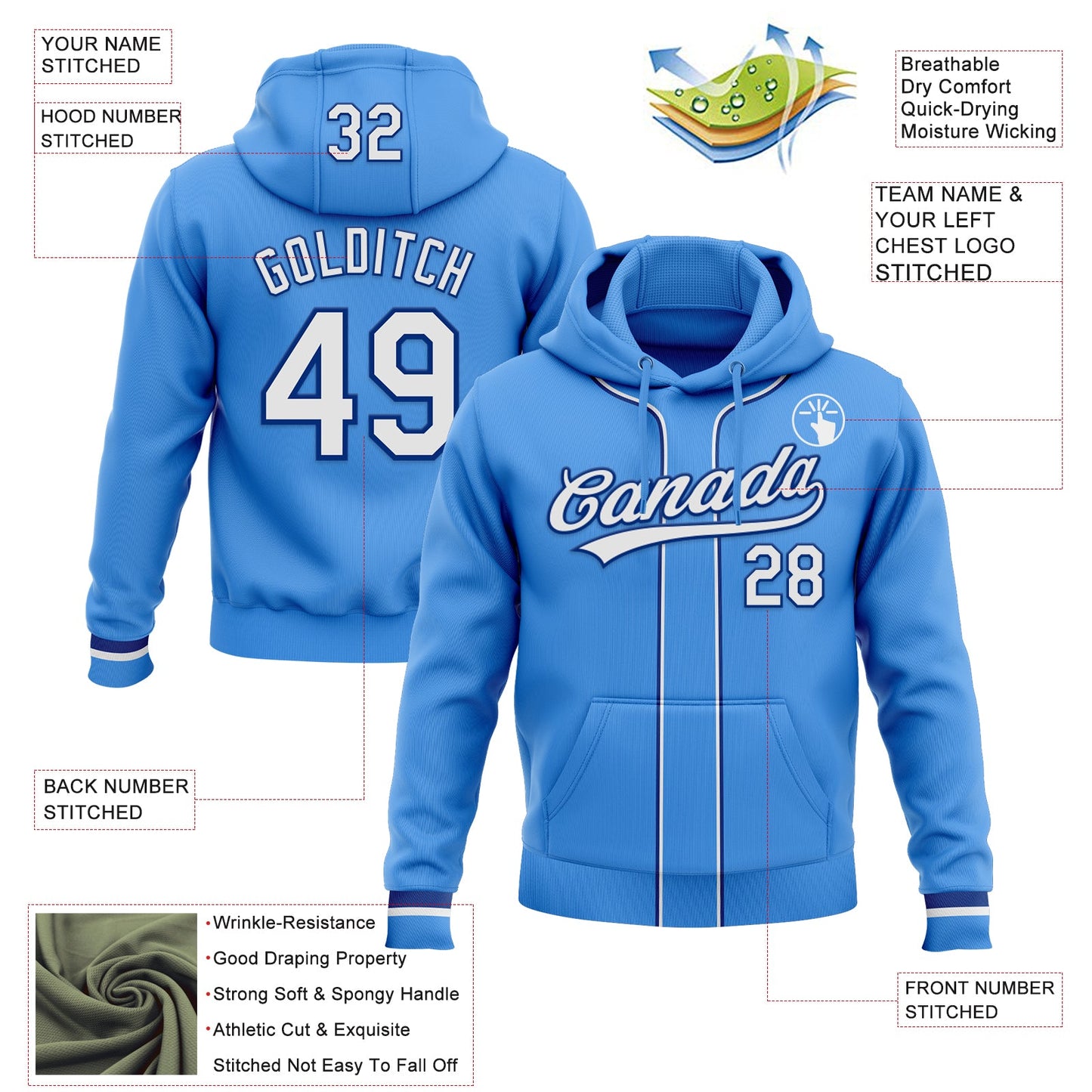 Custom Stitched Powder Blue White-Royal Baseball Pullover Sweatshirt Hoodie view 2