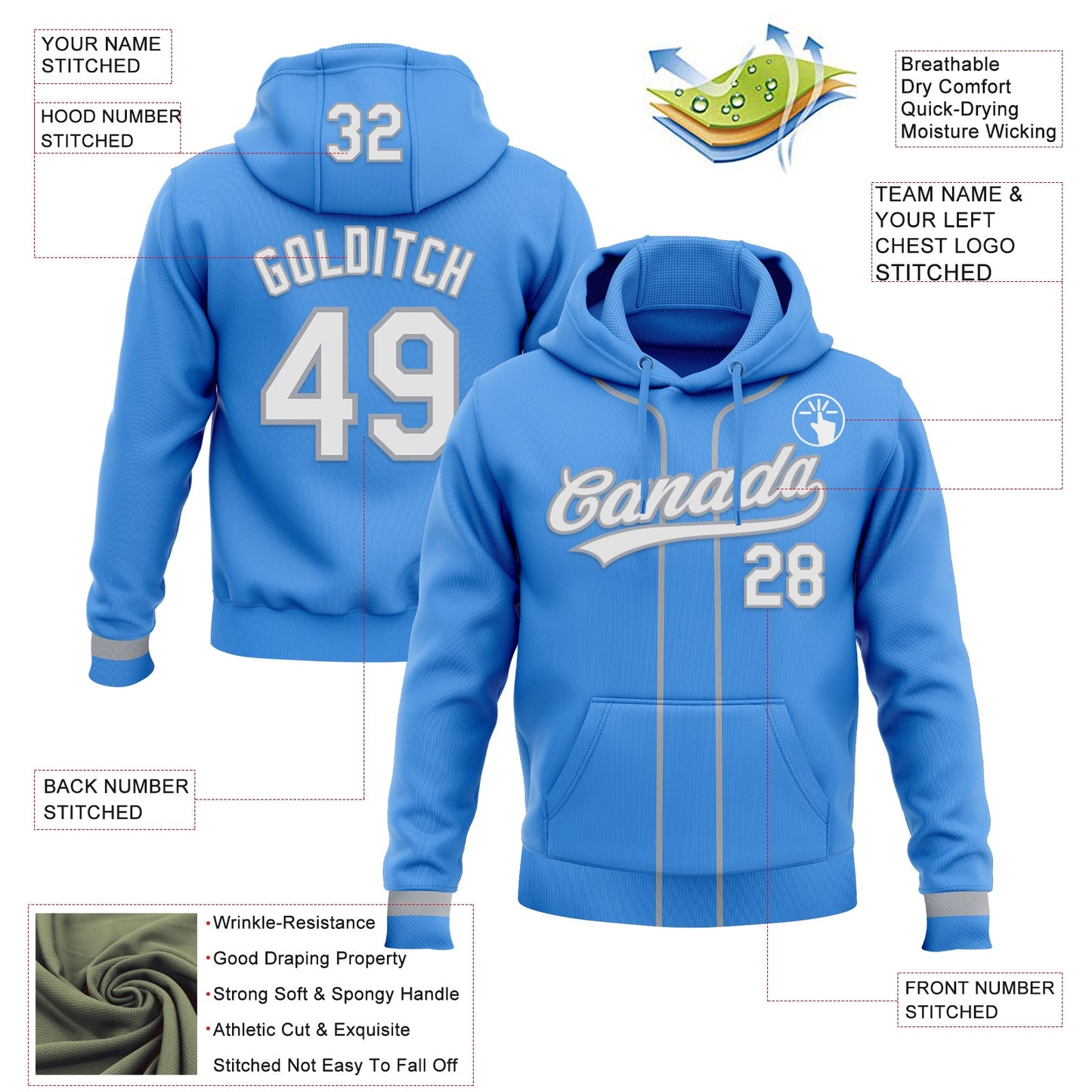 Custom Stitched Powder Blue White-Gray Baseball Pullover Sweatshirt Hoodie view 2