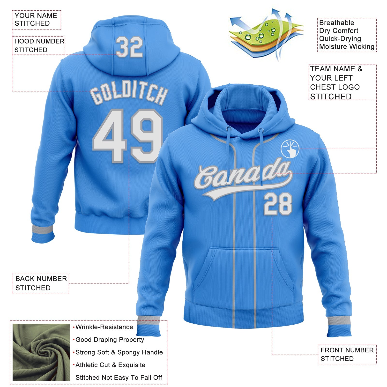 Custom Stitched Powder Blue White-Gray Baseball Pullover Sweatshirt Hoodie view 2