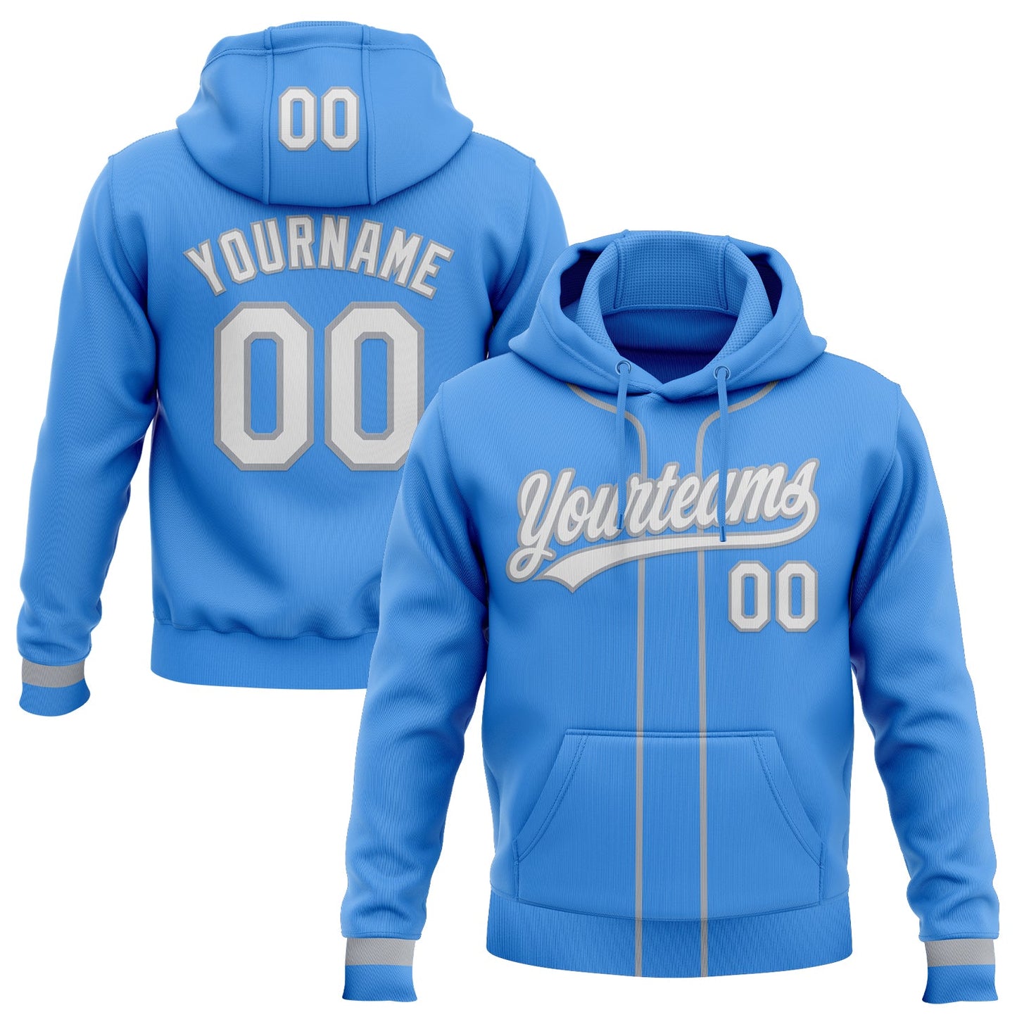 Custom Stitched Powder Blue White-Gray Baseball Pullover Sweatshirt Hoodie - Main View