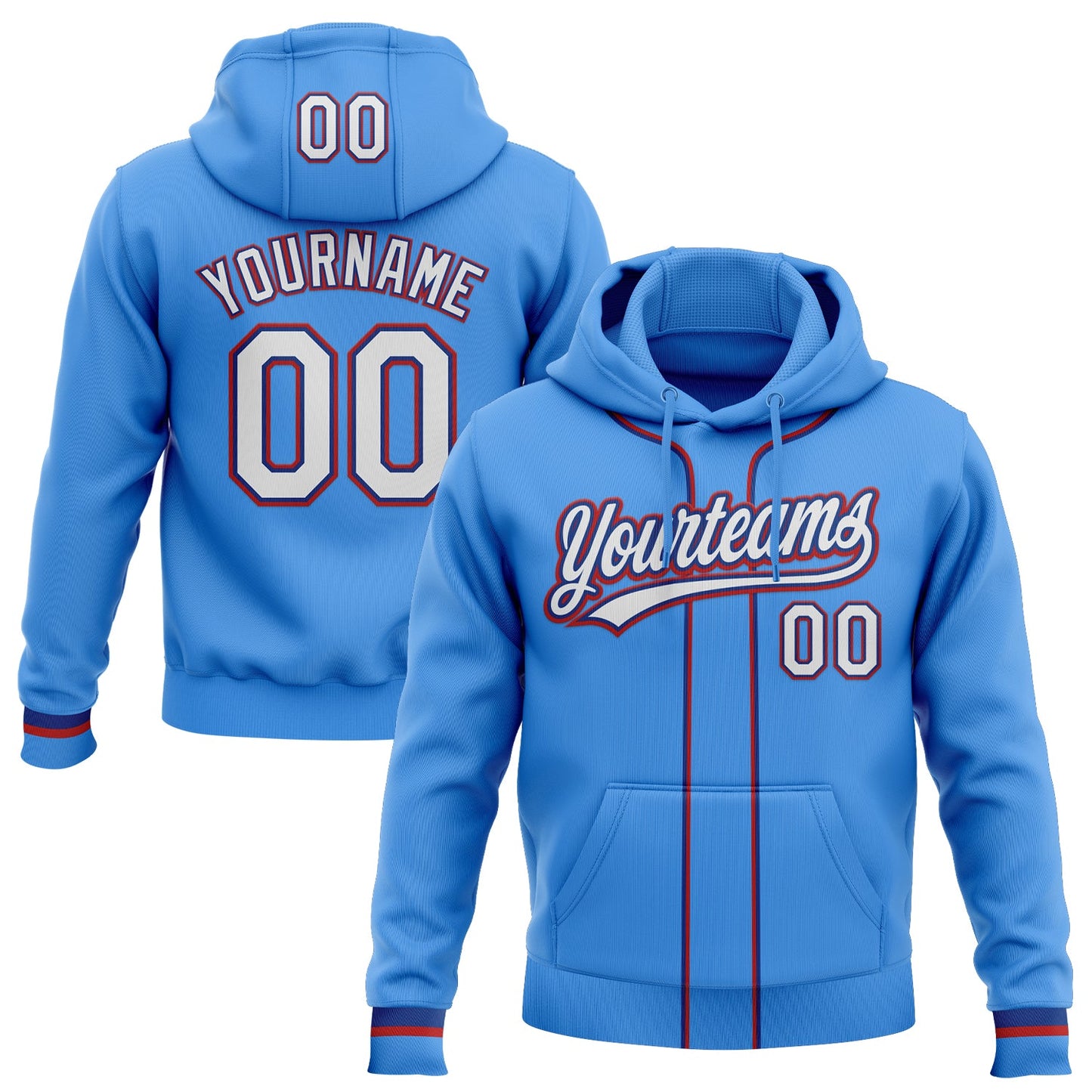 Custom Stitched Powder Blue White Royal-Red Baseball Pullover Sweatshirt Hoodie - Main View