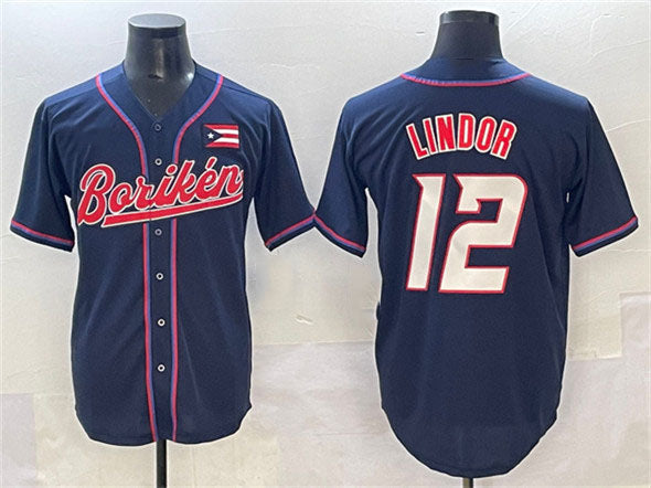 Puerto Rico Baseball #12 Francisco Lindor Navy 2023 World Baseball Classic Stitched Jersey - Main View