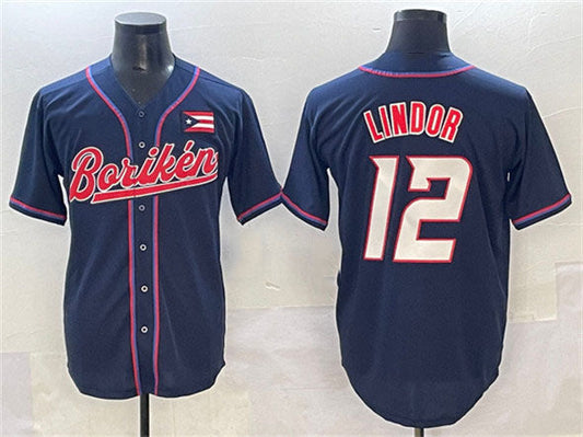 Puerto Rico Baseball #12 Francisco Lindor Navy 2023 World Baseball Classic Stitched Jersey - Main View