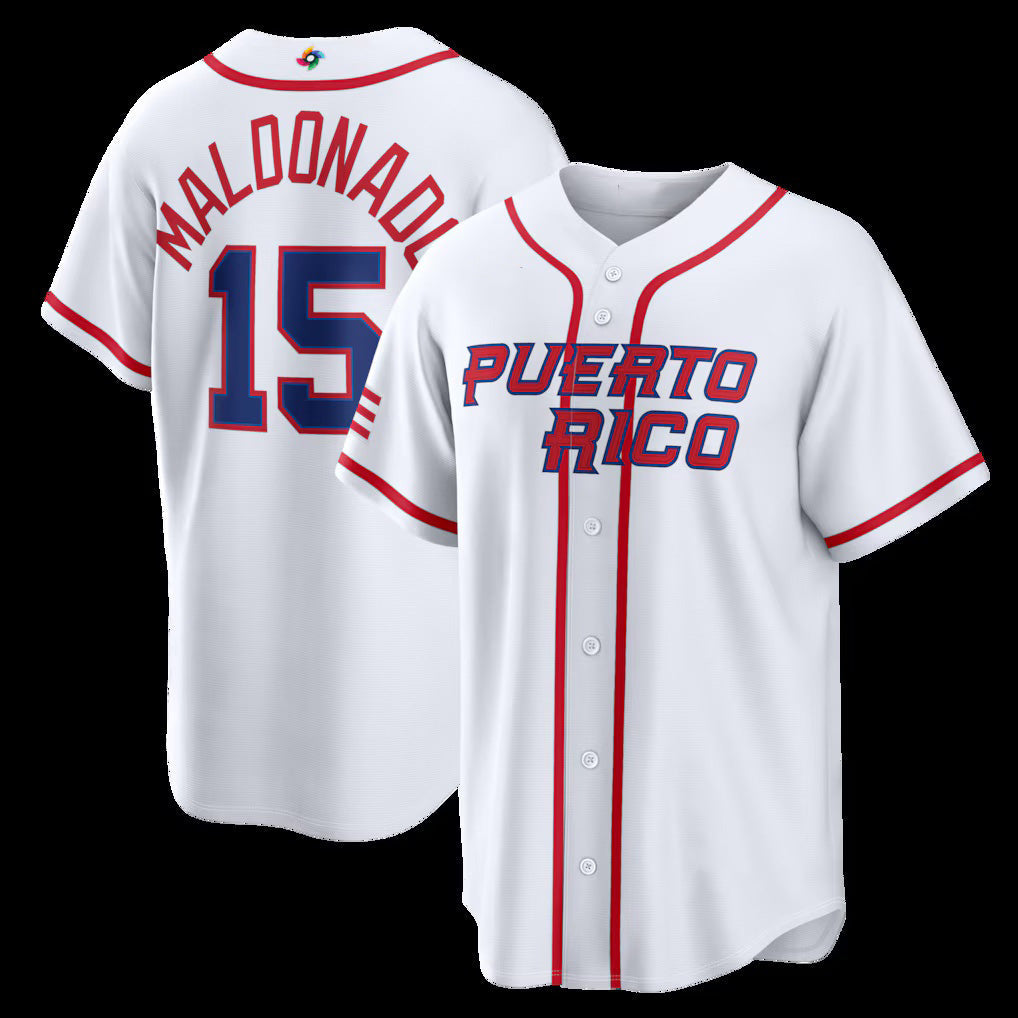 Puerto Rico Baseball #15 Mart¨ªn Maldonado 2026 World Baseball Classic Home Stadium Jersey - White Baseball Jersey Tailgate Goods - Main View