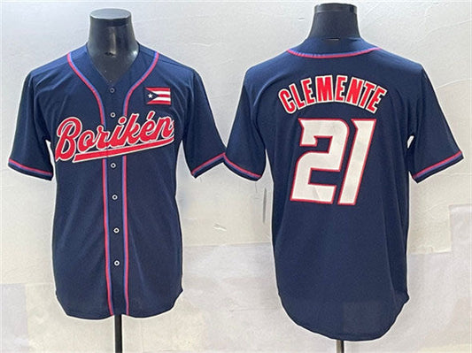 Puerto Rico Baseball #21 Roberto Clemente Navy 2023 World Baseball Classic Stitched Jersey - Main View
