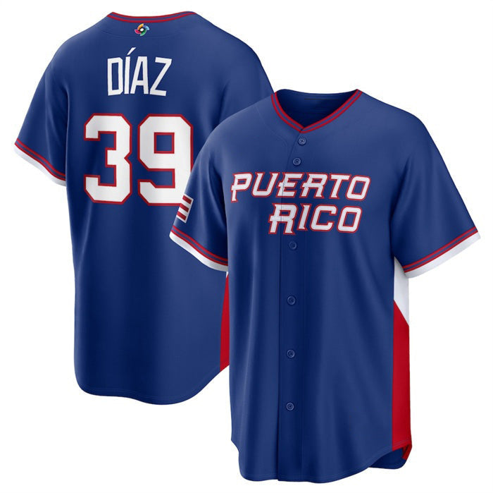 Puerto Rico Baseball #39 Edwin Díaz Blue 2026 World Baseball Classic Road Stadium Stitched Baseball Jersey - Main View