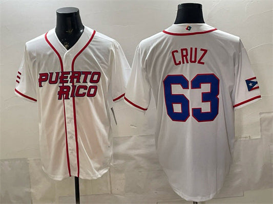 Puerto Rico Baseball #63 Fernando Cruz White 2026 World Baseball Classic Home Stadium Stitched Baseball Jersey - Main View