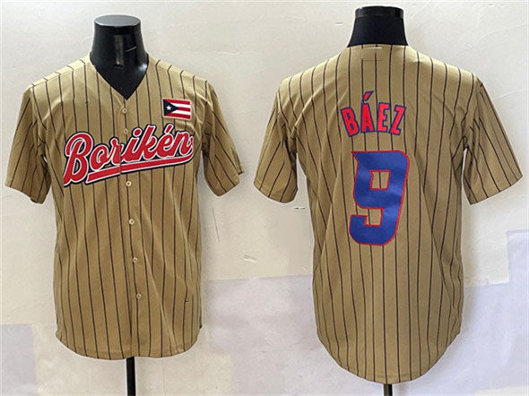 Puerto Rico Baseball #9 Javier Baez Tan 2023 World Baseball Classic Stitched Baseball Jersey - Main View