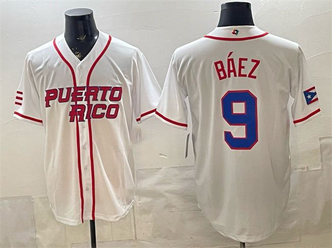 Puerto Rico Baseball #9 Javier Báez White 2026 World Baseball Classic Home Stadium Stitched Baseball Jersey - Main View