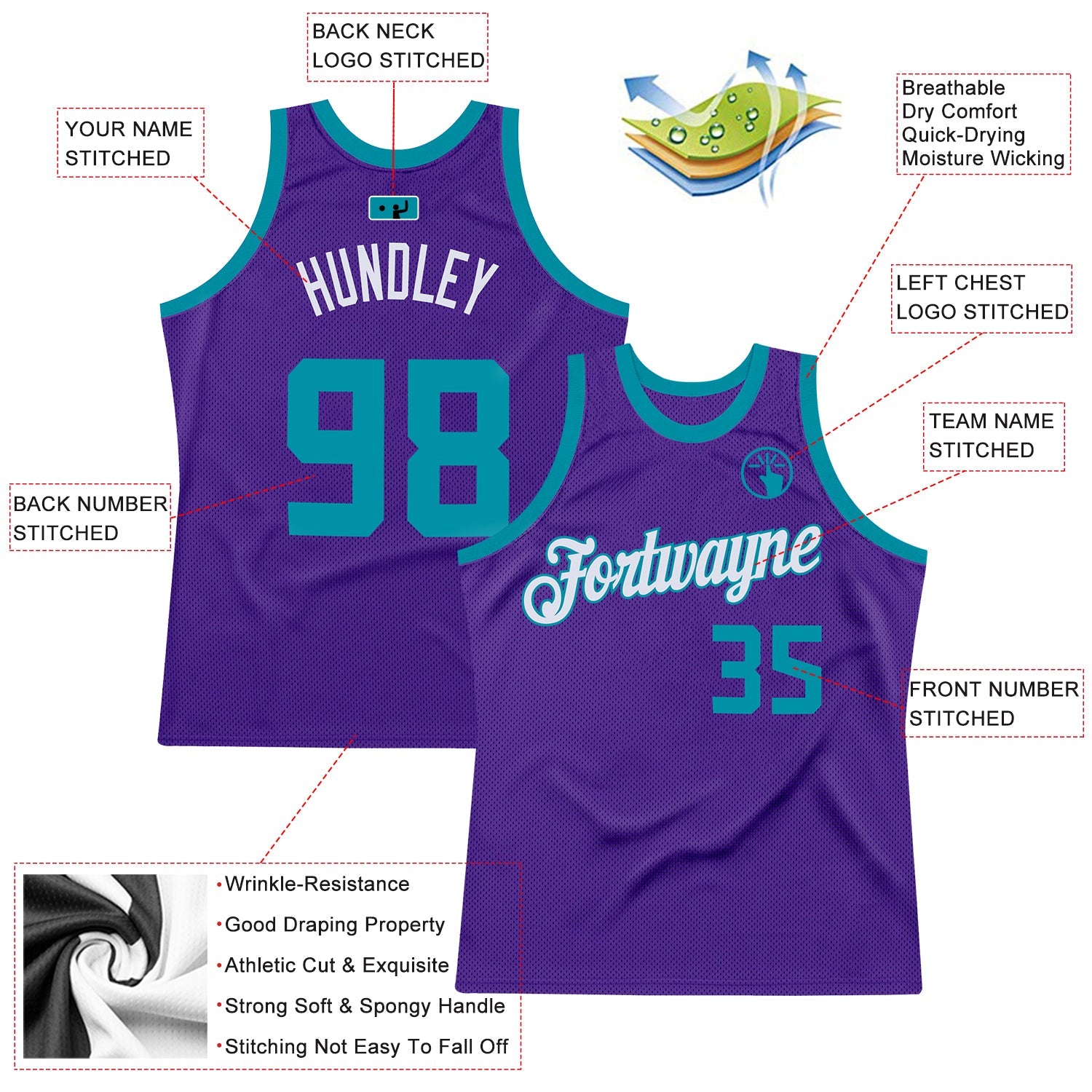 Custom Purple Teal-White Authentic Throwback Basketball Jersey view 2