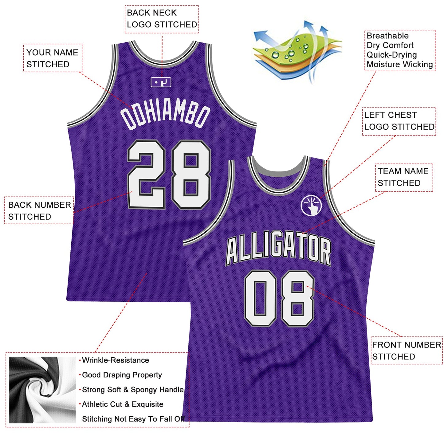 Custom Purple White-Gray Authentic Throwback Basketball Jersey view 2