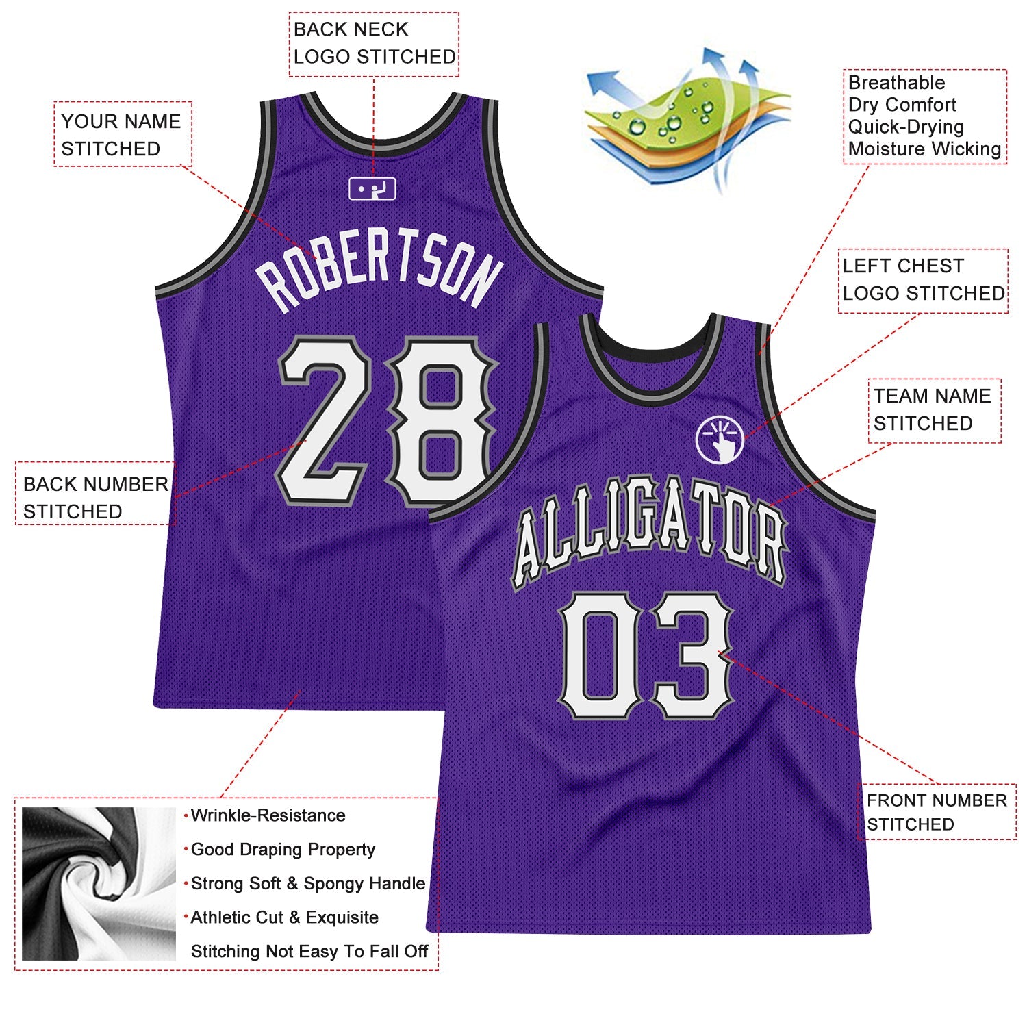 Custom Purple White-Black Authentic Throwback Basketball Jersey view 2