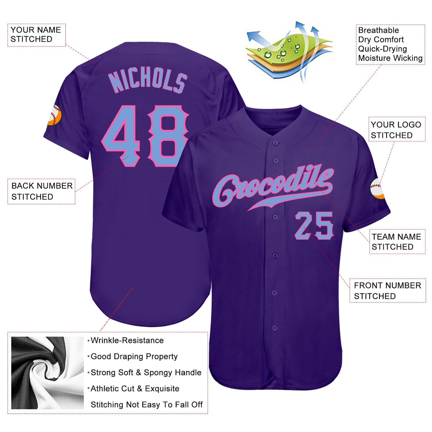 Custom Purple Light Blue-Pink Authentic Baseball Jersey view 3