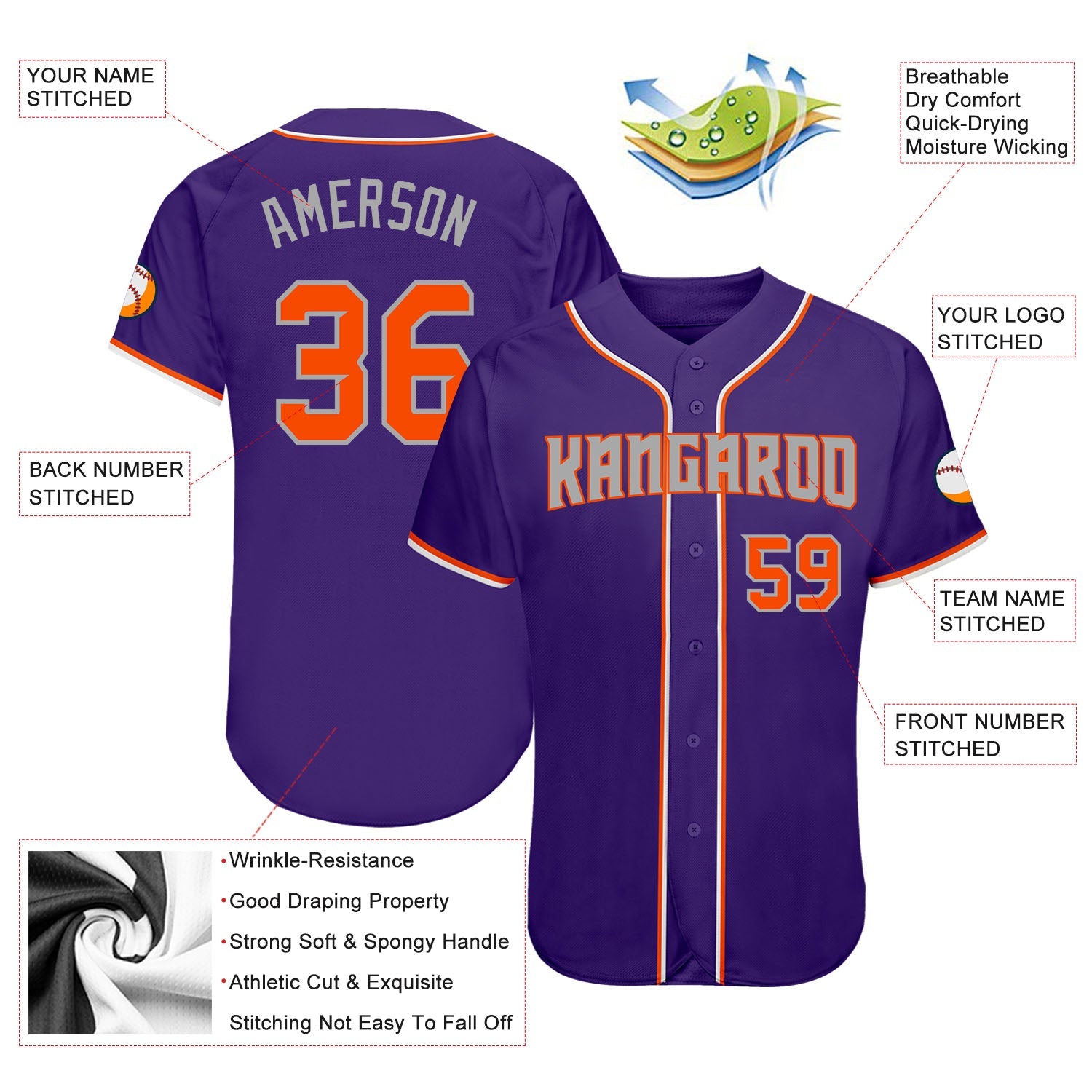 Custom Purple Orange-Gray Authentic Baseball Jersey view 3