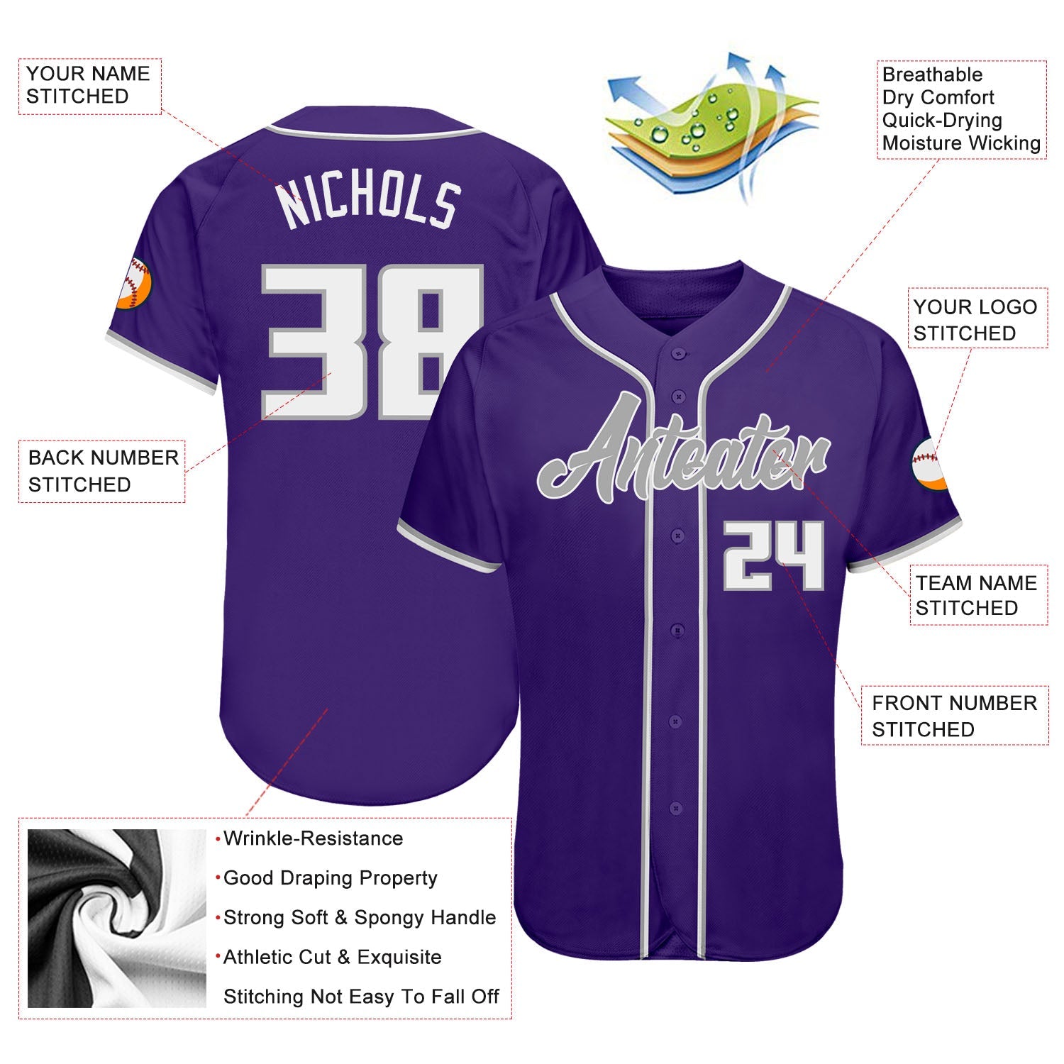 Custom Purple White-Gray Authentic Baseball Jersey view 3
