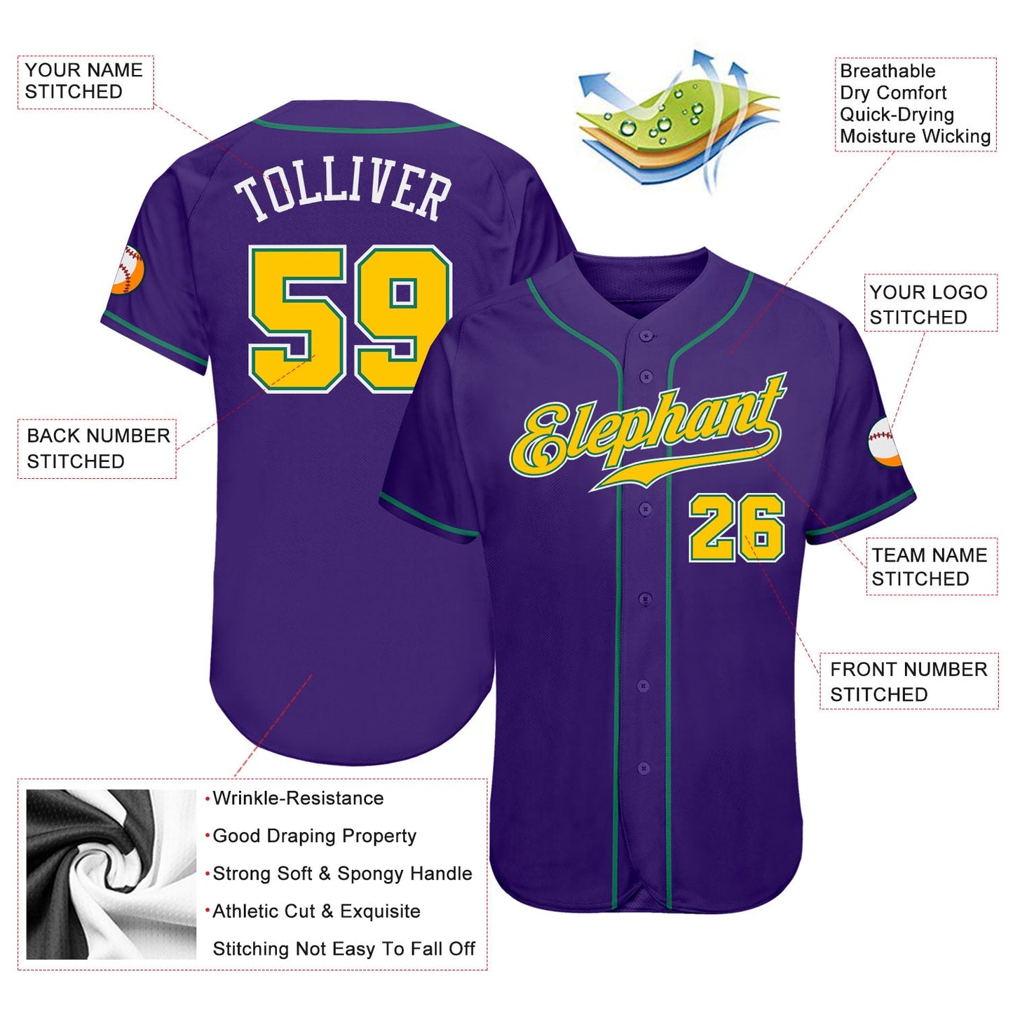 Custom Purple Gold-Kelly Green Authentic Baseball Jersey view 4