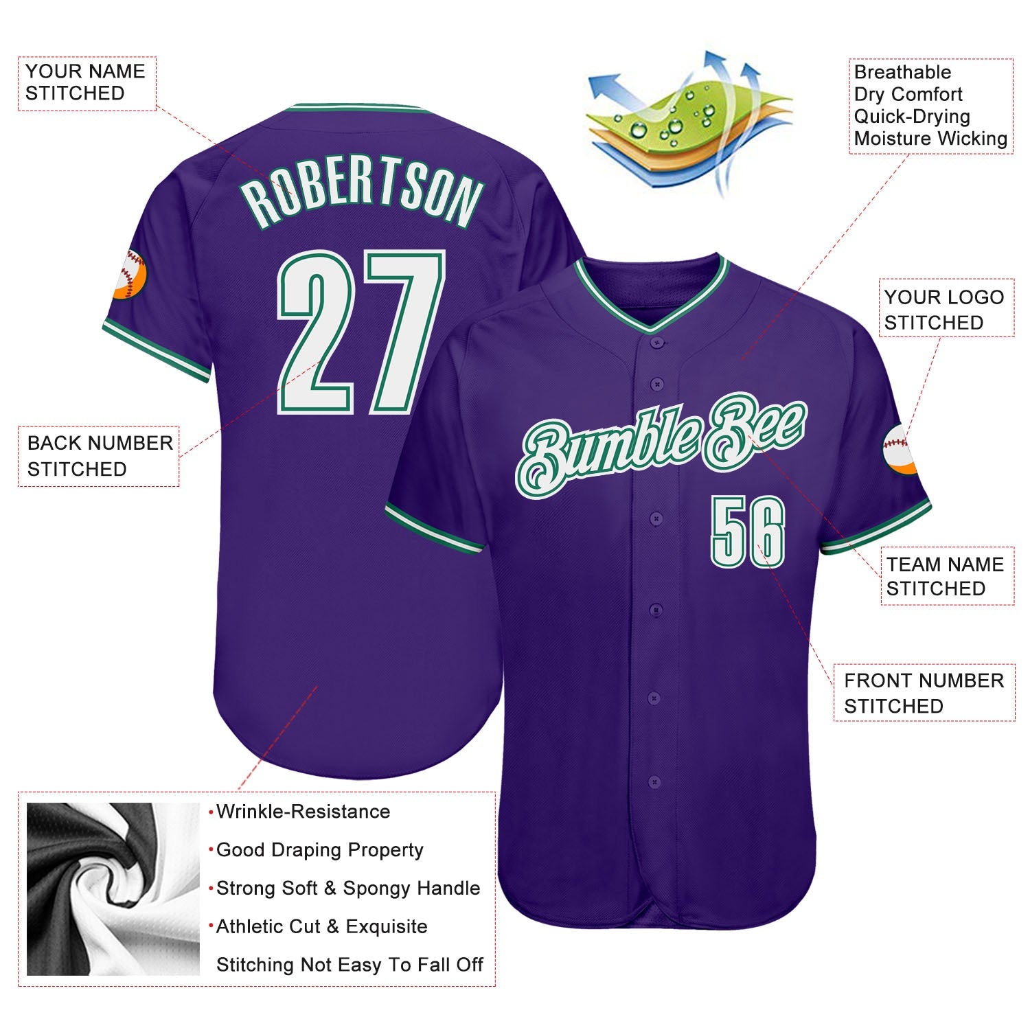 Custom Purple White-Kelly Green Authentic Baseball Jersey view 3