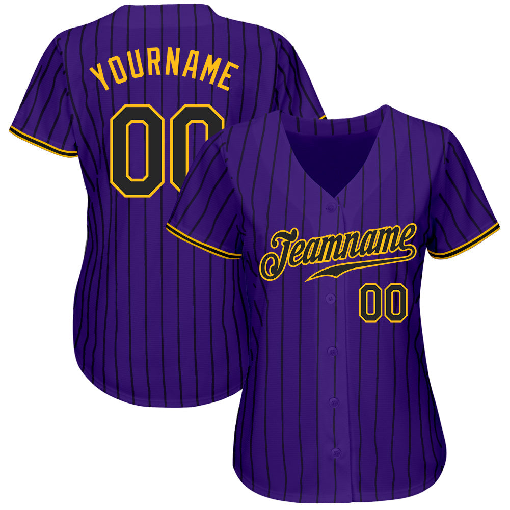 Custom Purple Black Pinstripe Black-Gold Authentic Baseball Jersey view 2