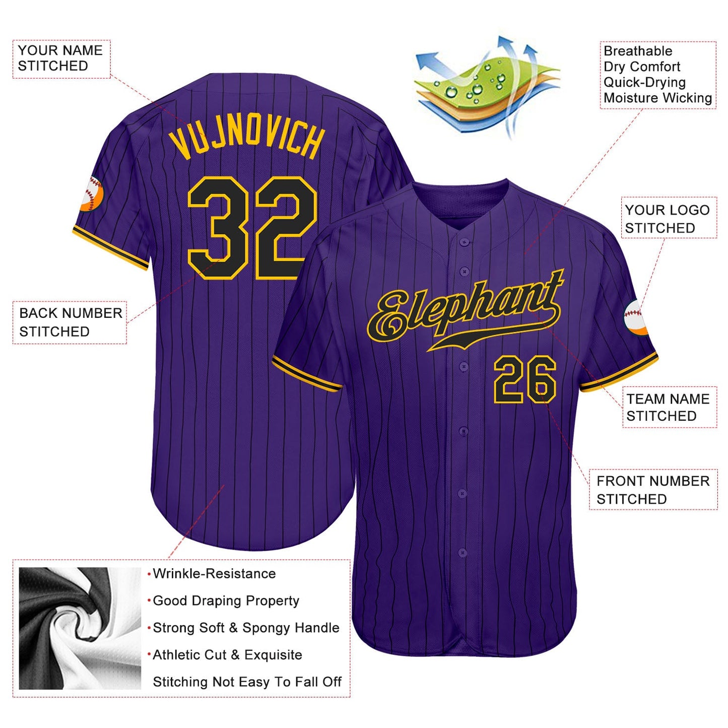 Custom Purple Black Pinstripe Black-Gold Authentic Baseball Jersey view 3