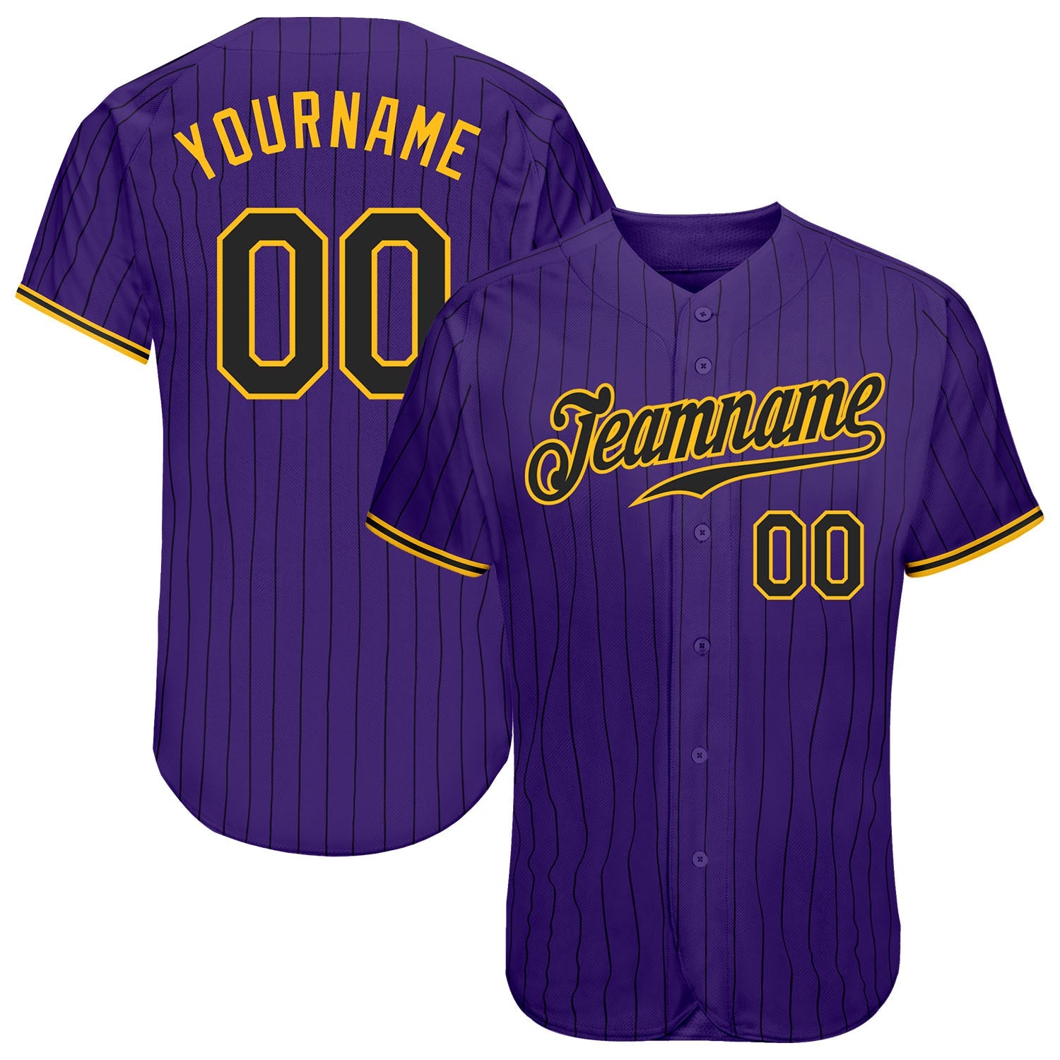 Custom Purple Black Pinstripe Black-Gold Authentic Baseball Jersey - Main View