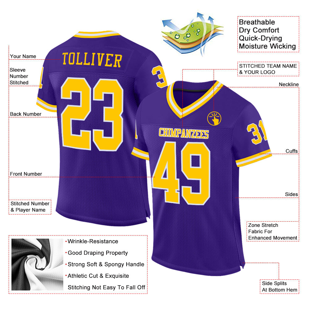 Custom Purple Gold-White Mesh Authentic Throwback Football Jersey view 2