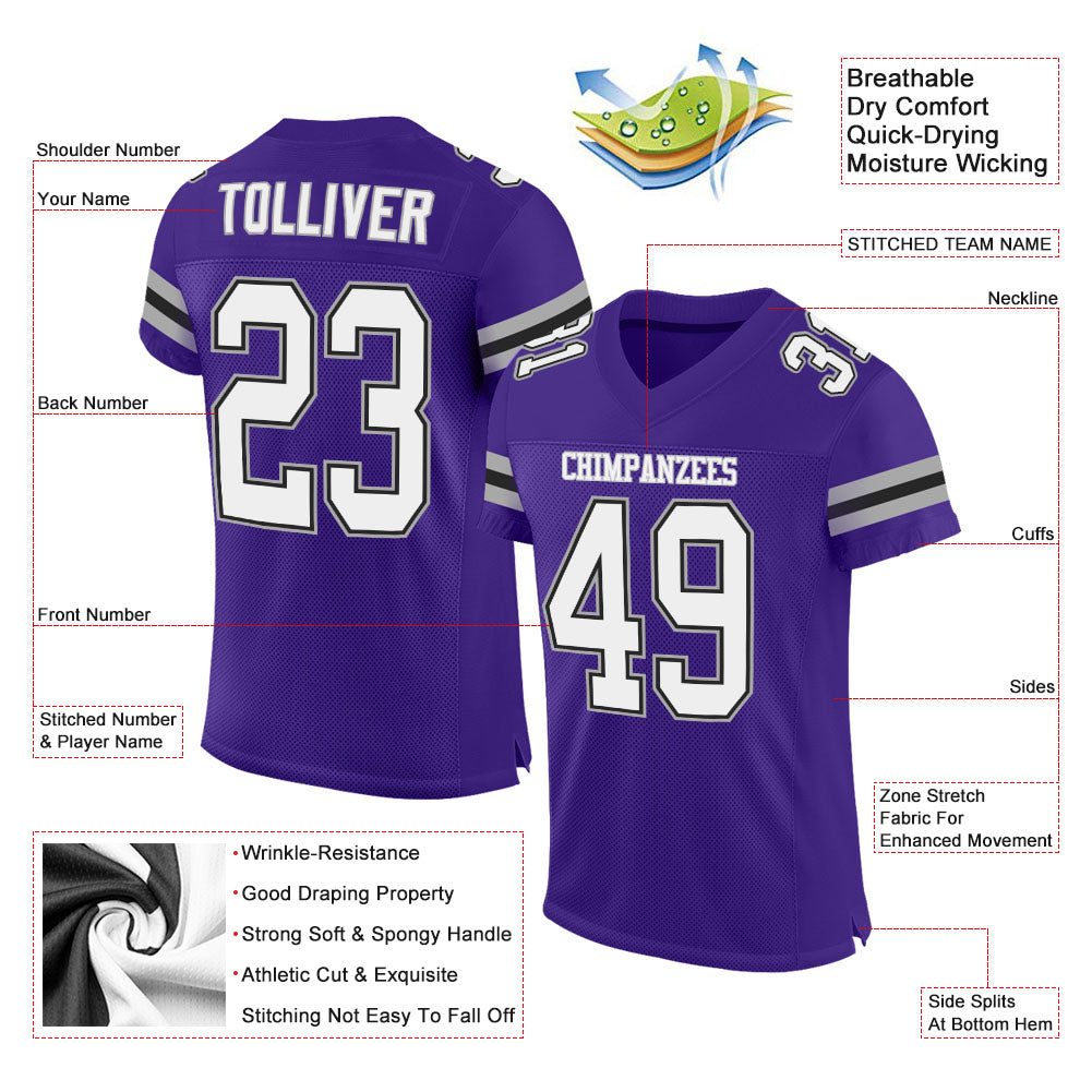Custom Purple White-Gray Mesh Authentic Football Jersey view 2