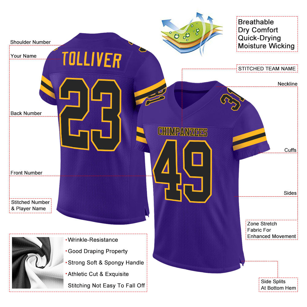 Custom Purple Black-Gold Mesh Authentic Football Jersey view 2