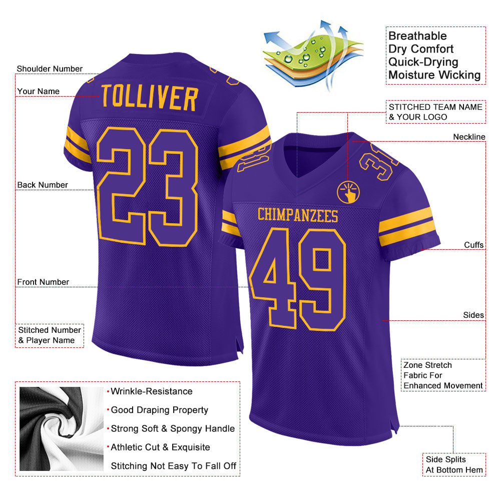Custom Purple Purple-Gold Mesh Authentic Football Jersey view 2
