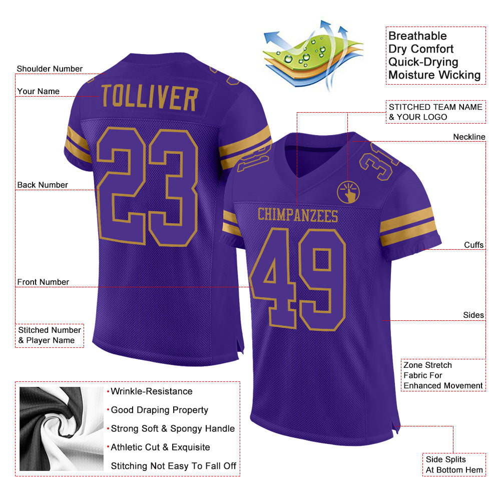 Custom Purple Purple-Old Gold Mesh Authentic Football Jersey view 2