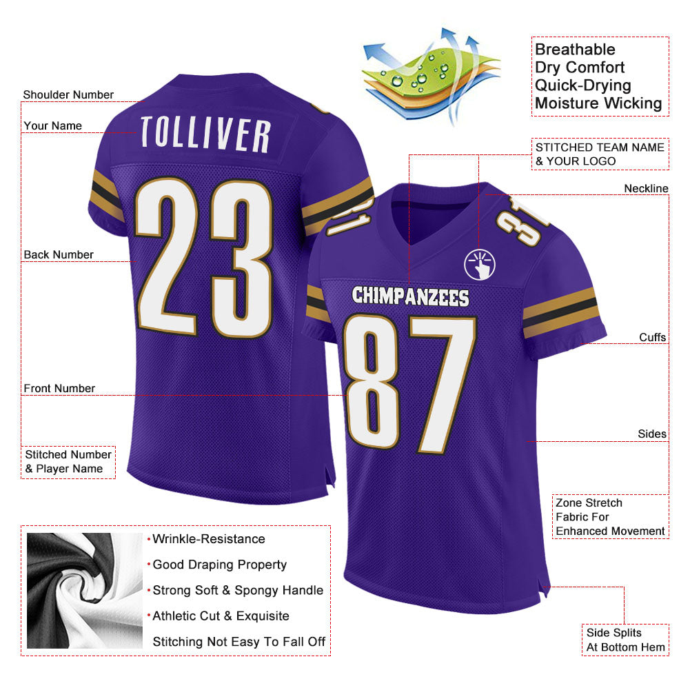 Custom Purple White-Old Gold Mesh Authentic Football Jersey view 2